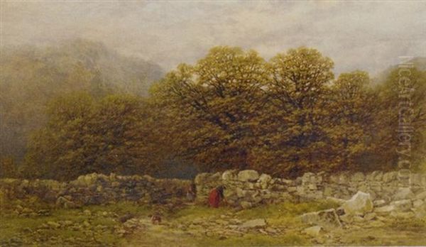 Figures Gathering Firewood In A Welsh Landscape Oil Painting by Thomas Creswick