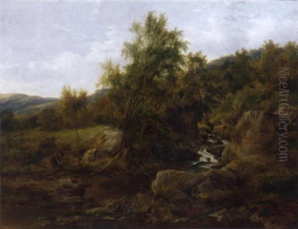 A Mother And Daughter On Stepping Stones Over A River Oil Painting by Thomas Creswick