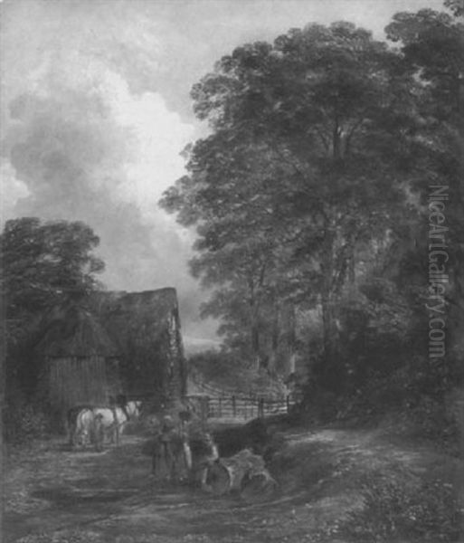 Figures On A Farmyard Track Oil Painting by Thomas Creswick