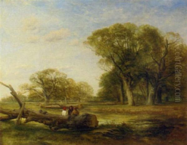 Men Resting By A Felled Trunk In A Park Landscape Oil Painting by Thomas Creswick