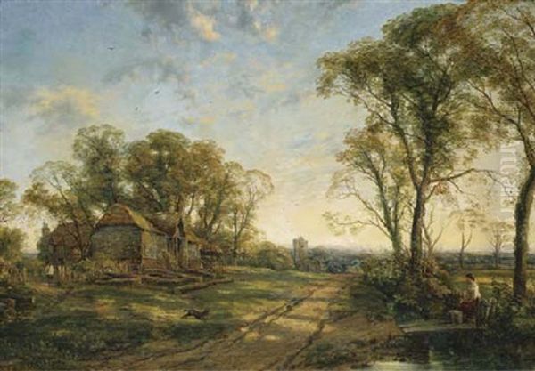 View Of Surrey, With Figures And A Dog By A Barn, A Church Tower Beyond by Thomas Creswick