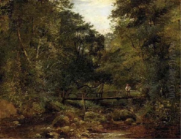 An Angler On A Footbridge In A Wooded Landscape Oil Painting by Thomas Creswick