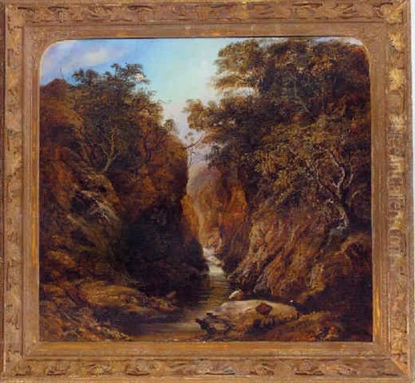 An Angler Fishing In A Woodland Gorge Oil Painting by Thomas Creswick