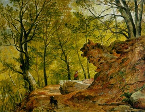 A Woman And Her Dog On A Wooden Path Near Matlock, Derbyshire Oil Painting by Thomas Creswick