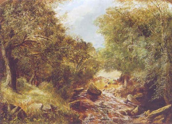 A Figure On A Path In A Wooded River Landscape Oil Painting by Thomas Creswick