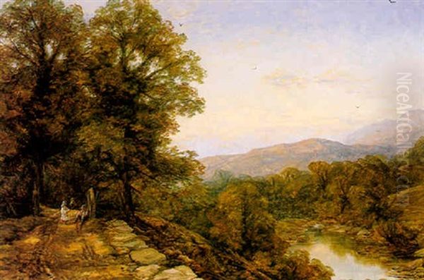 Children On A Riverside Track Oil Painting by Thomas Creswick