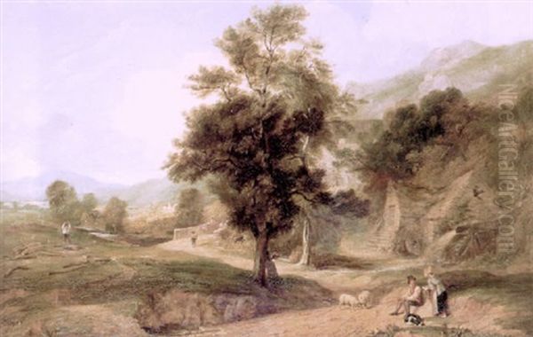 Figures Before An Overshot Watermill In A Wooded Lakeland Landscape Oil Painting by Thomas Creswick