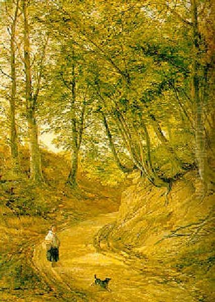 Girl And Dog On A Wooded Path Oil Painting by Thomas Creswick