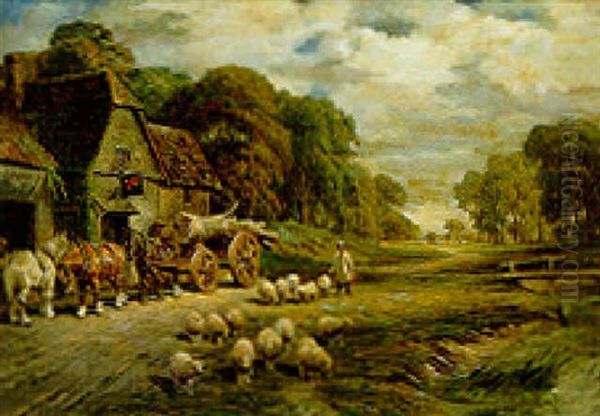 A Logging Cart And A Shepherd And Flock Before An Inn, In A Wooded River Landscape Oil Painting by Thomas Creswick