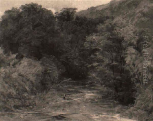 A Wooded River Landscape With Figures By A Stream Oil Painting by Thomas Creswick