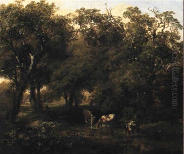 A Wooded Landscape With Cattle Watering Oil Painting by Thomas Creswick