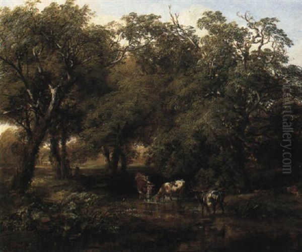 Wooded Landscape With Cattle Watering Oil Painting by Thomas Creswick