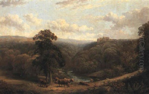 Cattle Above A River Valley, Nawthorden Castle Beyond Oil Painting by Thomas Creswick