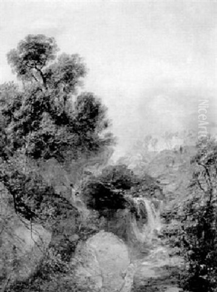 Wooded Landscape With Waterfall Oil Painting by Thomas Creswick