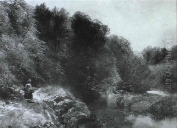 Figure On A Path By A River Oil Painting by Thomas Creswick