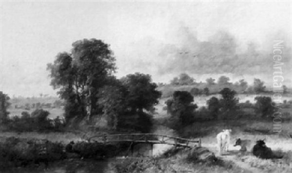 A River Landscape With An Angler By A Bridge With Cattle    On A Bank Oil Painting by Thomas Creswick