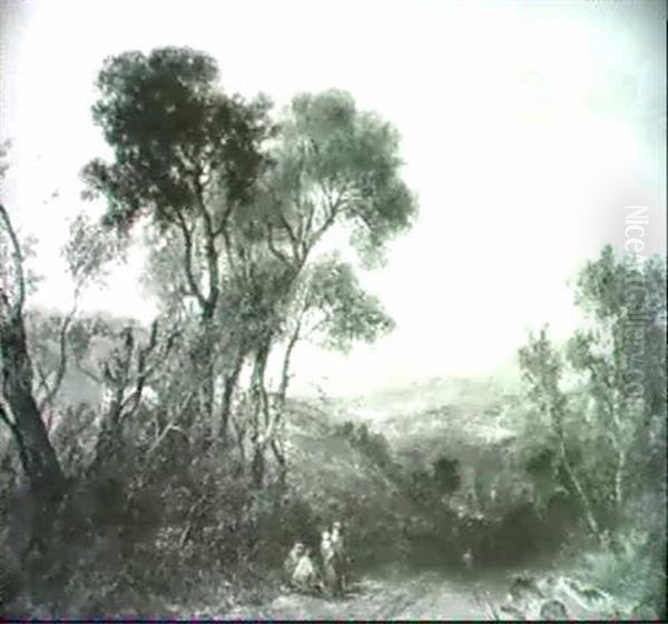 Figures Resting On A Country Path, An Extensive Mountainous Landscape Beyond Oil Painting by Thomas Creswick