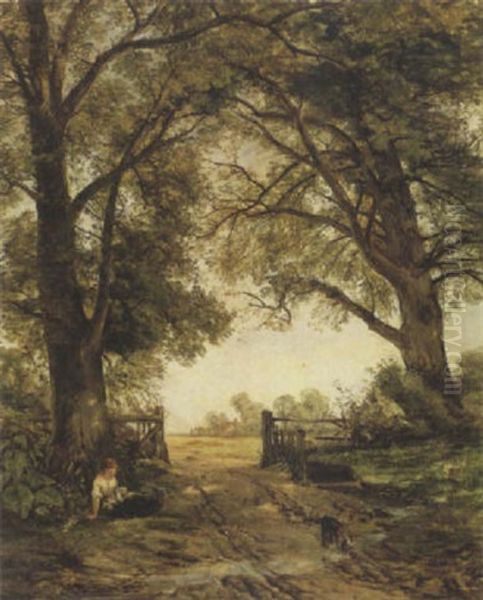 Girl And Dog On A Woodland Path Oil Painting by Thomas Creswick