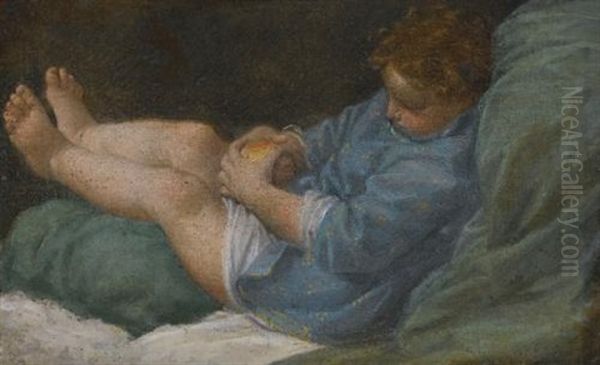 A Sleeping Boy Holding An Apple Oil Painting by Donato Creti