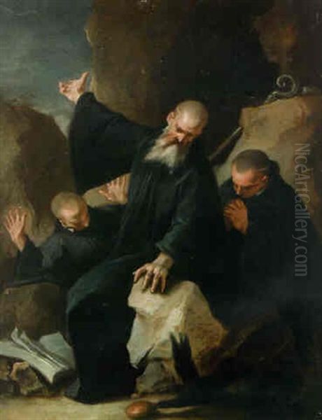 Saint Benedict With Maurus And Placidus Ordering A Raven To Carry Away A Poisoned Loaf Of Bread Oil Painting by Donato Creti