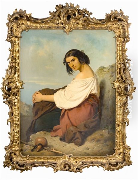 Junge Bauerin Auf Felsen Sitzend Oil Painting by Konstantin Johannes Franz Cretius