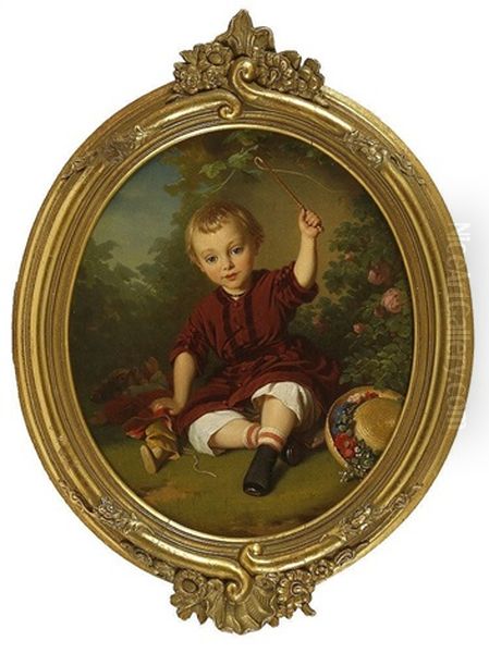 A Young Boy Playing With Punch Doll And Whip In A Garden Oil Painting by Konstantin Johannes Franz Cretius