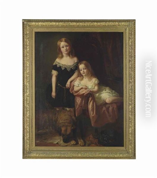 Portrait Of Two Children With Their Dog In An Interior Oil Painting by Hugh Ford Crichton