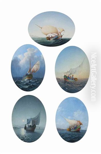 Five Scenes Of Fishing At Sea (5 Works) Oil Painting by Nicola F. Criscimanno