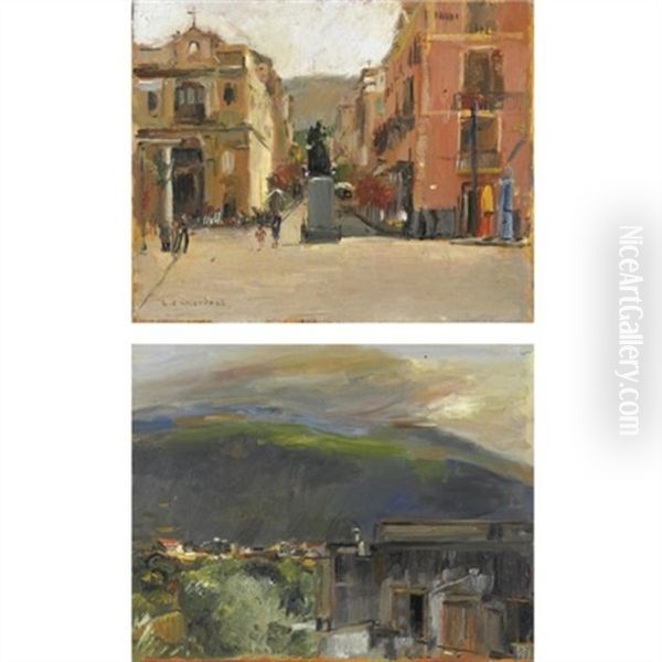 Piazza Di Sorrento (+ Meta Di Sorrento; Pair) Oil Painting by Luigi Crisconio