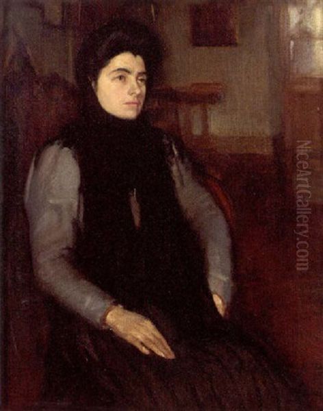 Portrait Of A Servant Girl In A Grey Dress, In An Interior Oil Painting by Frank E. F. Crisp