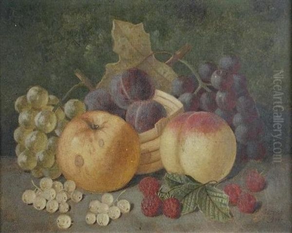 Still Life Of Apples, Plums, Raspberries And Grapes On A Ledge Oil Painting by George Crisp