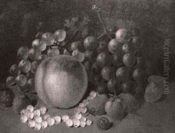 Still Life Of Grapes, Strawberries, Apples And Rasberries   Displayed On A Ledge Oil Painting by George Crisp