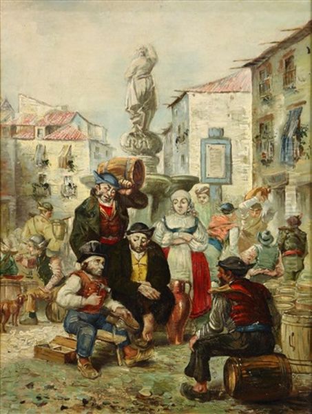 Village Street Scene With Figures Oil Painting by Joao Cristino Da Silva