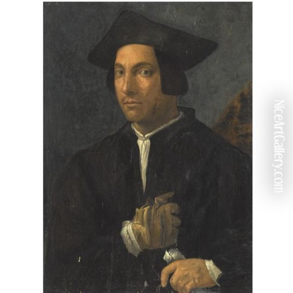 Portrait Of A Gentleman, Half-length, Wearing A Black Jacket And Hat, And One Glove, And Holding A Letter Oil Painting by Francesco di Cristofano