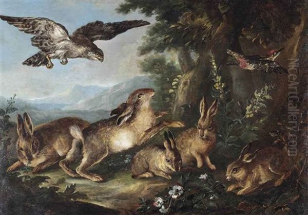 A Wooded Landscape With Hares And A Woodpecker Surprised By A Falcon Oil Painting by Angelo Maria (Crivellone) Crivelli