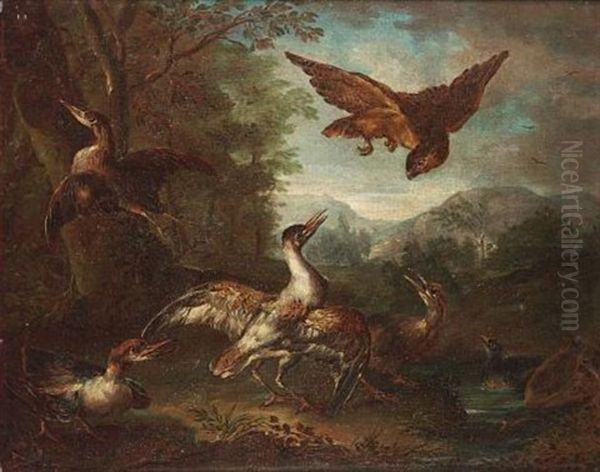 A Spaniel Flushing Duck (+ A Hawk With Other Birds In A Landscape; Pair) Oil Painting by Angelo Maria (Crivellone) Crivelli