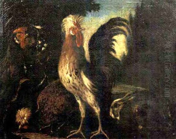 Gallo, Galline E Un Coniglio En Plein Air Oil Painting by Angelo Maria (Crivellone) Crivelli