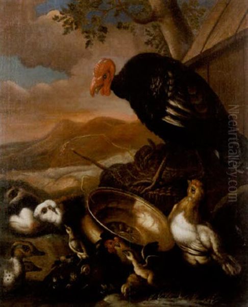 A Turkey And Other Fowl With Guinea Pigs In A Farmyard With A Mountainous Landscape Beyond Oil Painting by Angelo Maria (Crivellone) Crivelli