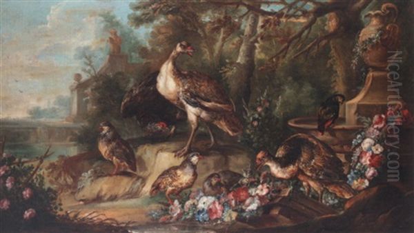 Still Life With Gamebirds In A Parkland Landscape Oil Painting by Angelo Maria (Crivellone) Crivelli