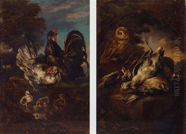 A Cockerel And Hens In A Landscape Oil Painting by Angelo Maria (Crivellone) Crivelli