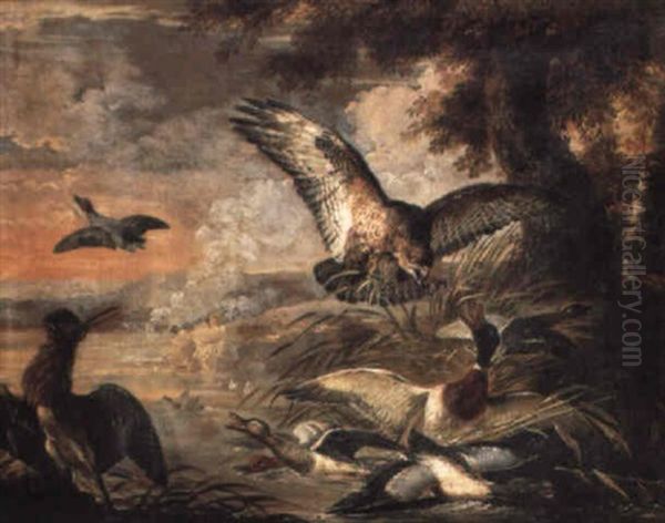 A Hawk Flushing Ducks Oil Painting by Angelo Maria (Crivellone) Crivelli