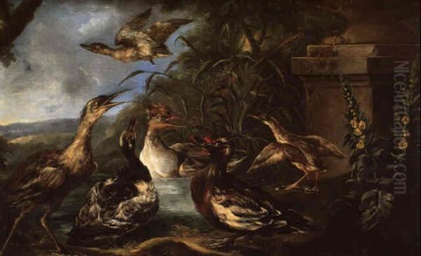 Oiseaux D'eau Dans Un Parc Oil Painting by Angelo Maria (Crivellone) Crivelli