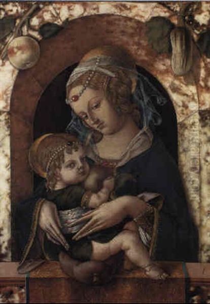 The Madonna And Child At A Marble Parapet With An Apple And Gourd Hanging Oil Painting by Carlo Crivelli