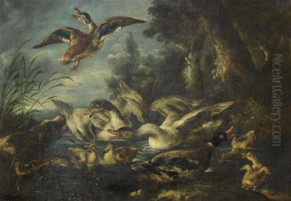 A Peacock, Parrot And Other Birds With Guinea Pigs In A Landscape; And A Hound Flushing Duck From A River (2) Oil Painting by Giovanni (Crivellino) Crivelli