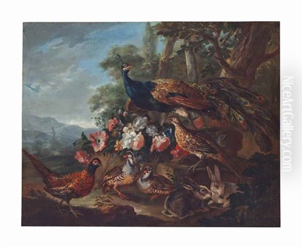 A Peacock, Pheasants And Rabbits In A Wooded Parkland Landscape Oil Painting by Giovanni (Crivellino) Crivelli