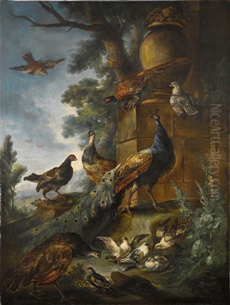 Peacocks And Other Birds In A Landscape Oil Painting by Giovanni (Crivellino) Crivelli