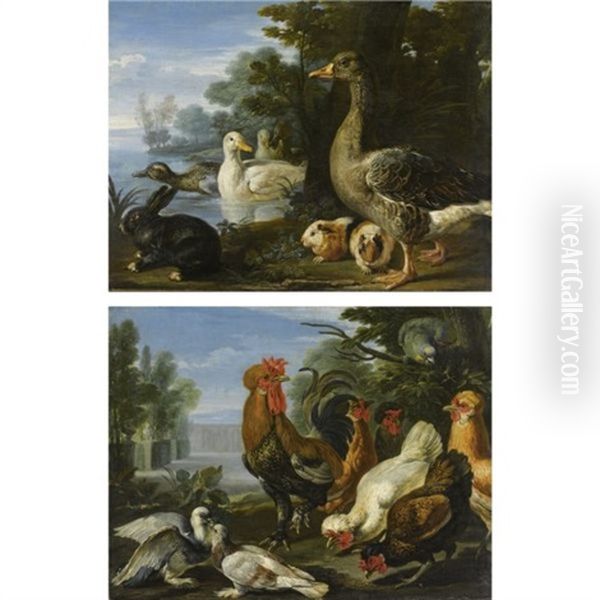 Galli, Colombe E Un Pappagallo (+ Papere, Porcellini D'india E Un Coniglio Presso Un Lago; Pair) Oil Painting by Giovanni (Crivellino) Crivelli