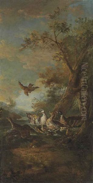 A Bird Of Prey, Ducks And Ducklings In A Landscape Oil Painting by Giovanni (Crivellino) Crivelli