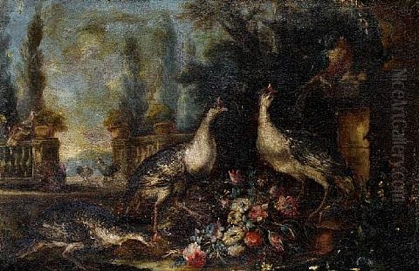 Pheasants And A Parrot Before An Italianate Garden (+ Poultry On A Terrace, Before An Italianate Landscape; Pair) Oil Painting by Giovanni (Crivellino) Crivelli