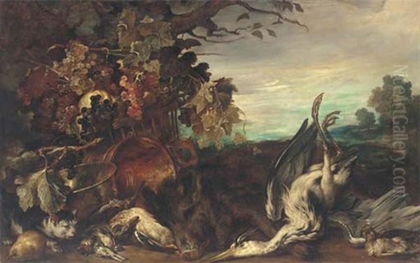 A Wooded Clearing With A Cat Near Copper Pots, A Basket Of Grapes And Fruit, Dead Game, Song Birds And A Heron Oil Painting by Giovanni (Crivellino) Crivelli